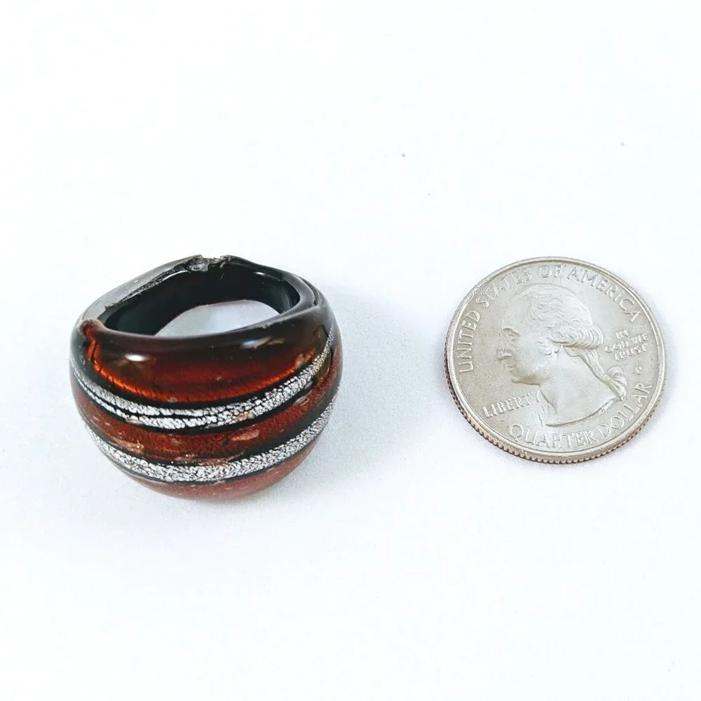 Vintage Brown Silver & Black Stripes Art Glass Domed Shimmery Wide Chunky Ring